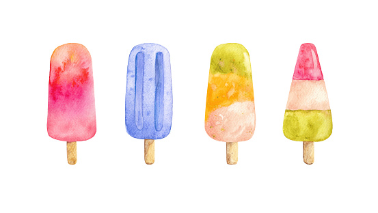 Watercolor ice cream. Healthy homemade fruit popsicles made with blueberry, watermelon, strawberry and kiwi. Flavourful fruit ice pops, Low-calorie frozen treat