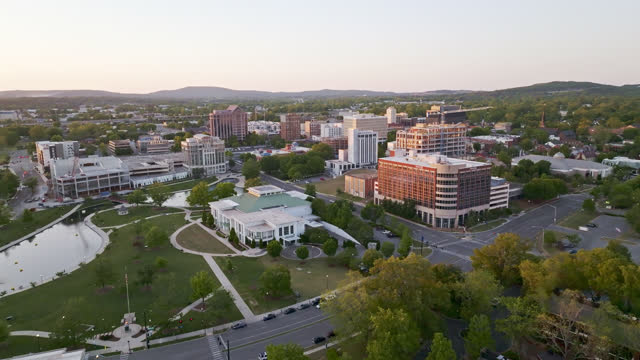 An Elevated View of Big Spring Park, Huntsville Museum of Art on Church Street Downtown Huntsville, Alabama at Sunset