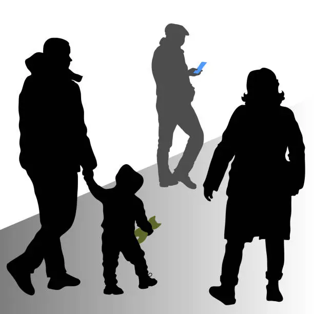 Vector illustration of Vector silhouettes of passers-by. People go to meet each other. The father leads the hand of a little boy, the woman passes by. The man looks at the screen of the phone.