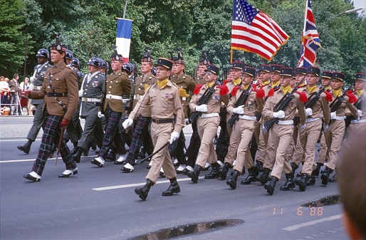 Berlin (West), Germany, 1987. Allied military parade in Berlin's Tiergarten. Also: spectators.