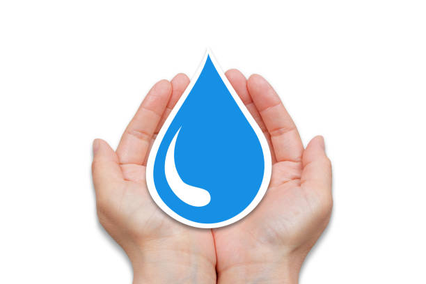 Water conservation and safe drinking water concept. Human hands holding blue water drop.