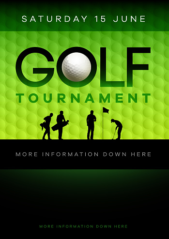 Textured green golf ball dimpled surface background with golfers vector illustration tournament poster design