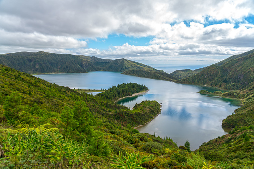 Lagoa do Fogo Crater Lake San Miguel Island Azores, high angle view.