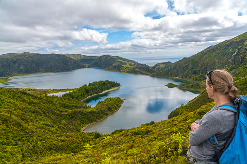 Women at the viewpoint of Lagoa do Fogo Crater Lake San Miguel Island Azores, high angle view.
