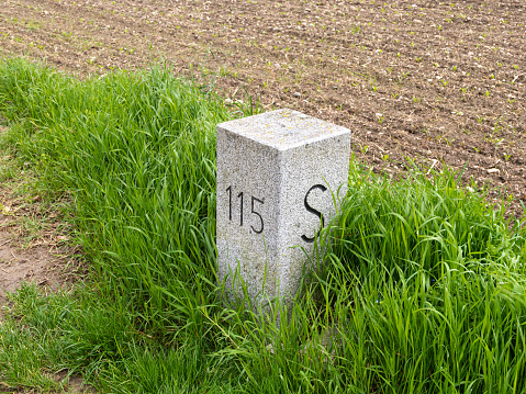 The boundary stone between Switzerland and the German enclave of Busingen on the road 115 near the Swiss city of Schaffhausen