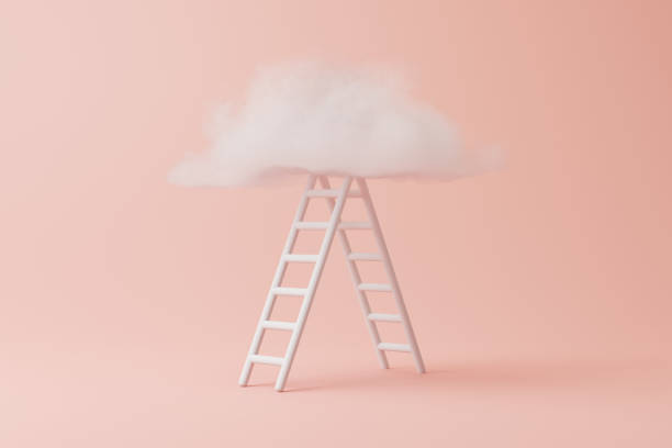 istock Step ladder leading to fluffy cloud on a pastel pink background 1489244781