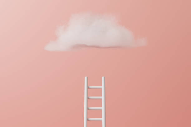 istock Step ladder leading to fluffy cloud on a pastel pink background 1489244798