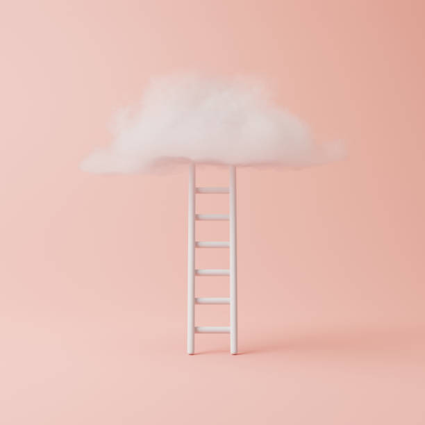 istock Step ladder leading to fluffy cloud on a pastel pink background 1489244802