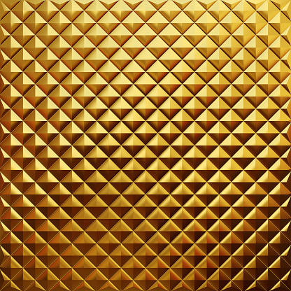 Abstract golden geometric triangular low poly background. Gold geometric aluminum background. Gold metal 3d pyramid pattern and texture. 3d rendering.