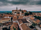 Aerial view of Mikulov, Czech Republic. Landscape photography from drone. Old architecture, downtown district.