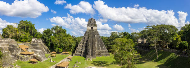 Ancient Mayan Tikal Pyramids in Guatemala, a major tourist attraction Ancient Mayan Tikal Pyramids in Guatemala, a major tourist attraction. guatemala landscape stock pictures, royalty-free photos & images