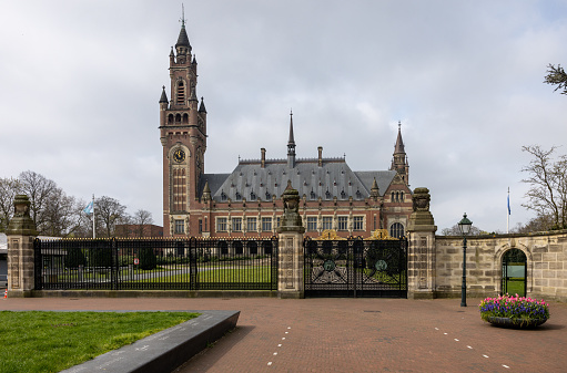 The Hague, Netherlands - April 17, 2023: Peace Palace in The Hague, Netherlands.The International Law Administrative Building, which houses the International Court of Justice