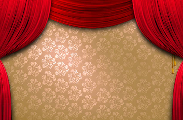 Grand opening showroom with retro gold pattern wall. 3d realistic stage curtains. Theatrical curtain of red color. Place your text. Elegant backdrop for poster and cinema screen.
