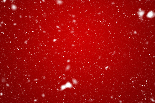Beautiful Red Christmas Background with Falling Snow. Red Winter Background. Snowflakes on red background - Christmas background. Element of Design with Snow for a Postcard, Invitation Card, Banner, Flyer.