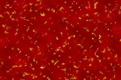 Red foil texture background with gold thread.  New Year card background texture. Red paper with gold thread. Red background texture. Golden confetti on red for christmas holiday.