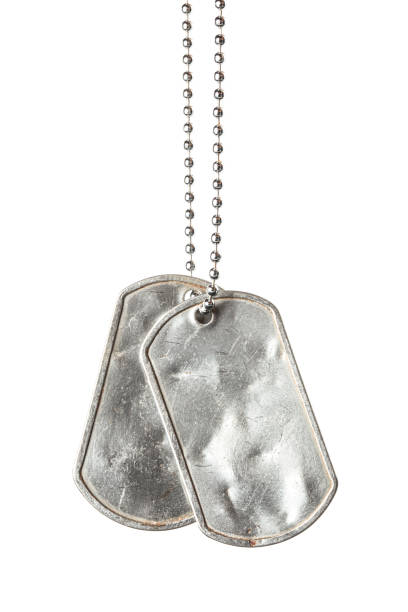 istock Old and worn blank military dog tags with chain isolated on white 1489251353