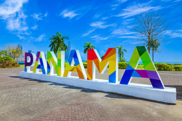 Panama City Letters in Panama on the sea promenade Malecon near Casco Viejo historic center stock photo