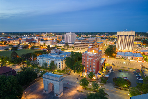 Newport News, Virginia, USA from above at dusk.