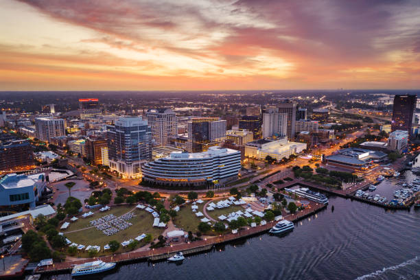 Norfolk, Virginia, USA downtown city skyline from over the Elizabeth River stock photo