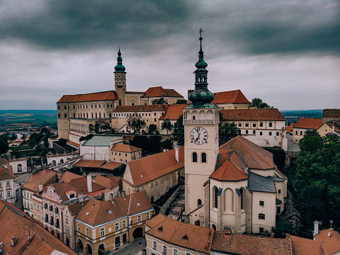 Landscape aerial photo of Mikulov, Moravia, Czech Republic. View from air, drone photography. Beautiful old architecture, picture of red rooftop, downtown district.