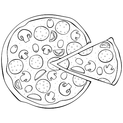 Whole Pizza with cut piece. Traditional Italian food with mushrooms, sausage. Vector illustration in hand drawn sketch doodle style. Line art fact food isolated on white. Design for coloring book