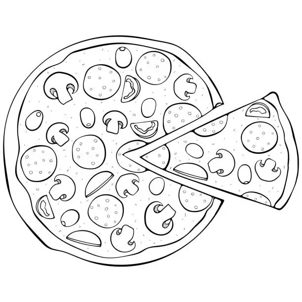 Vector illustration of Pizza with cut piece line art