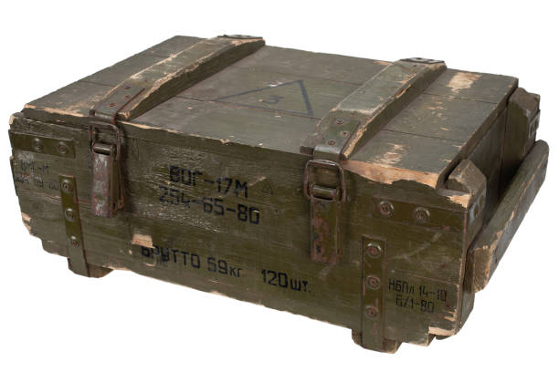 istock Soviet army ammunition green crate. Text in russian - type of ammunition, projectile caliber, projectile type, number of pieces and weight. 1489274817