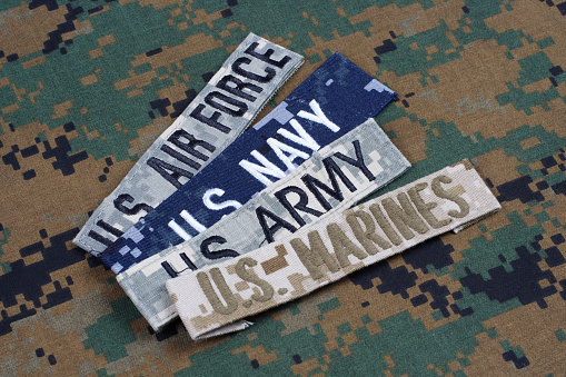 US AIR FORCE, US MARINES, US ARMY, US NAVY branch tapes on camouflage uniform background