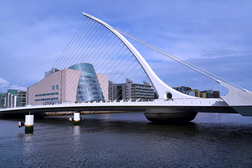 Dublin - March 2023:  Samuel Beckett Bridge across the River Liffey, in the shape of a harp, Ireland's national symbol