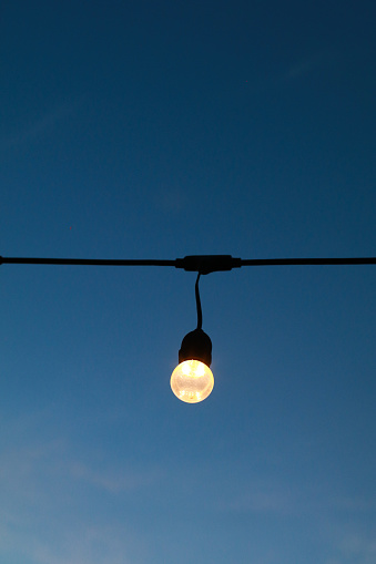 Light bulb hanging on black wires in a twilight on garden violet sky.  Street lighting. Blur abstract background