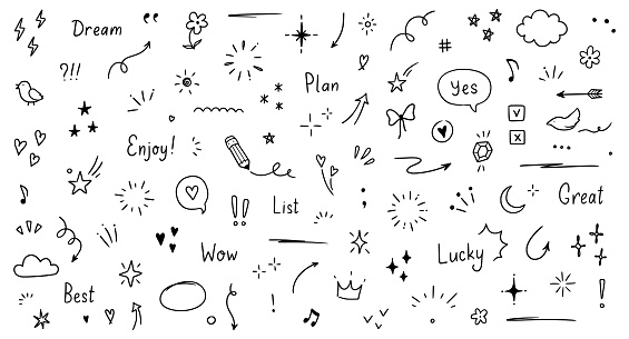 Doodle cute glitter pen line elements. Doodle heart, arrow, star, sparkle decoration symbol set icon. Simple sketch line style emphasis, attention, pattern elements. Vector illustration.