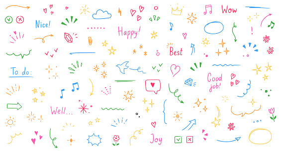 Doodle cute glitter pen line color elements. Doodle heart, arrow, star, sparkle decoration symbol set icon. Simple sketch line style emphasis, attention, pattern elements. Vector illustration