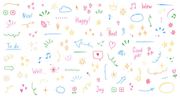 Doodle cute glitter pen line color elements. Doodle heart, arrow, star, sparkle decoration symbol set icon. Simple sketch line style emphasis, attention, pattern elements. Vector Doodle cute glitter pen line color elements. Doodle heart, arrow, star, sparkle decoration symbol set icon. Simple sketch line style emphasis, attention, pattern elements. Vector illustration weather icons graphics stock illustrations
