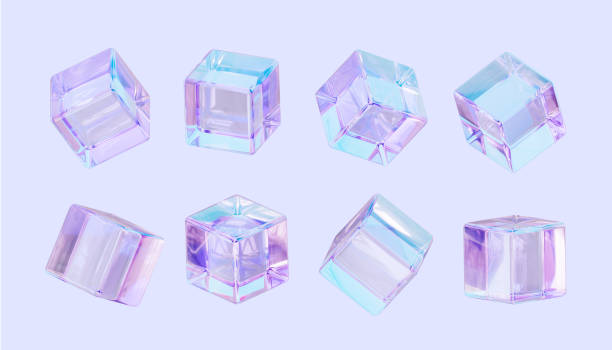 istock Set 3d  glass Iridescent plastic cubes, crystal blocks with holographic transparent texture. 3d rendering illustration. 1489278299