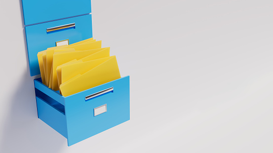 Blue file cabinet drawers on white wall, yellow folders drop to drawer, 3d illustration, horizontal orientation