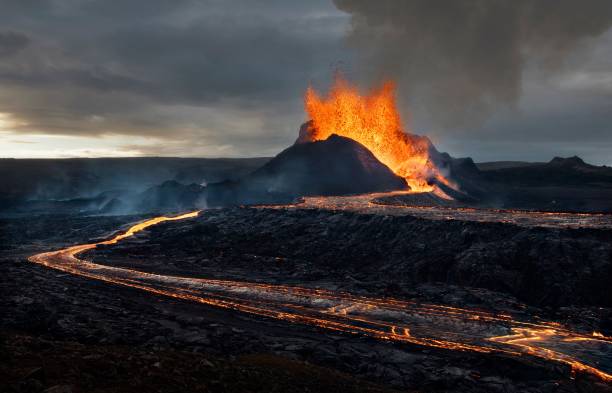 istock Volcano eruption and lava flow in Iceland 1489291592