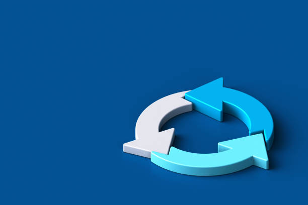 Three arrows update symbol, 3d Rotate circle symbol, 3d refresh icon on blue background. 3d rendering stock photo