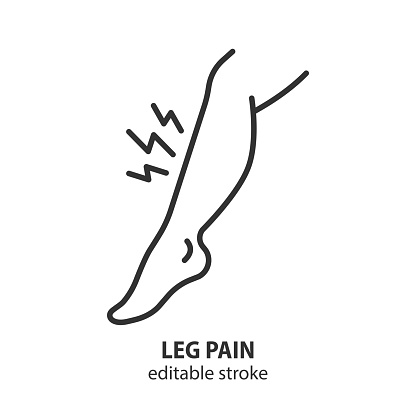 Leg pain line icon. Shin hurts. Symptom of varicose veins vector outline symbol. Editable stroke.