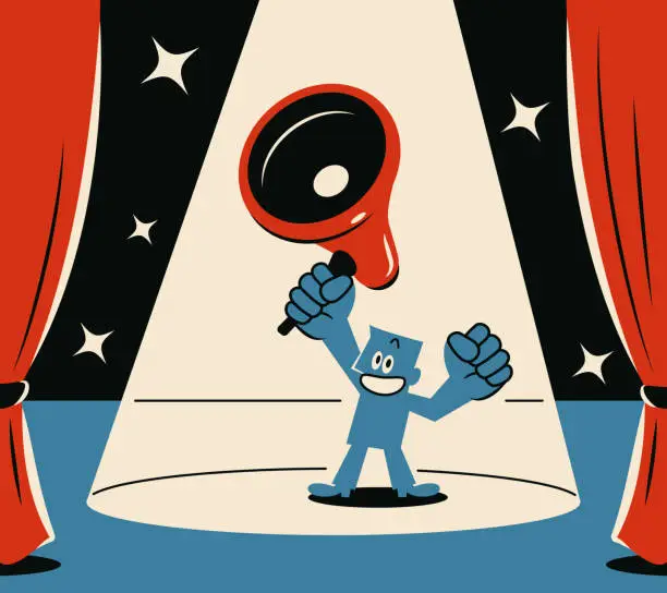 Vector illustration of A smiling blue man holding a megaphone on stage with a spotlight