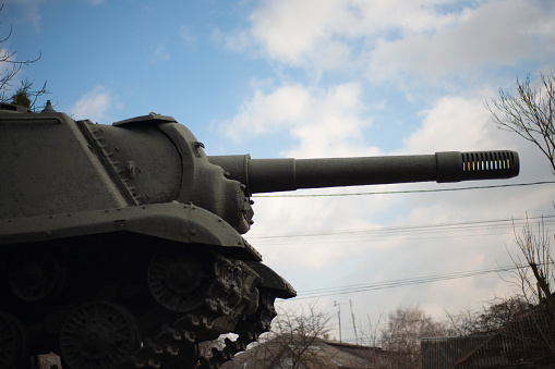 Part of the old tank (panzer) on the sky background.
