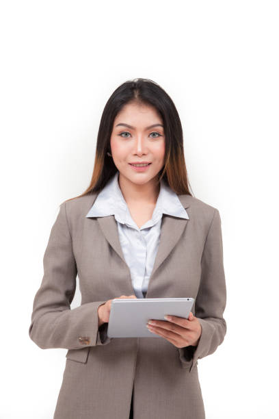 istock business woman hold tablet on white background 1489300320