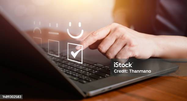 Positive Select Computer Man Using A Computer To Give Feedback And Satisfaction Rating ...