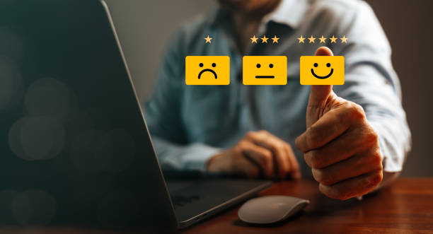 istock Man select happy face icon with five star  and excellent experience rating review 1489302673