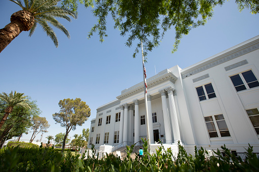 Daytime view of the historic 1924 Imperial County Courthouse, built in the Beaux-Arts style in El Centro, California, USA.