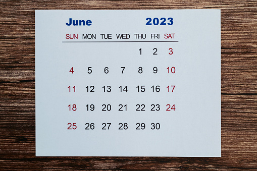 Close up of 2023 June calendar.