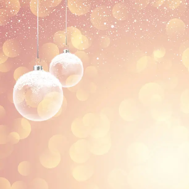 Vector illustration of Snowy Christmas baubles on bokeh lights background