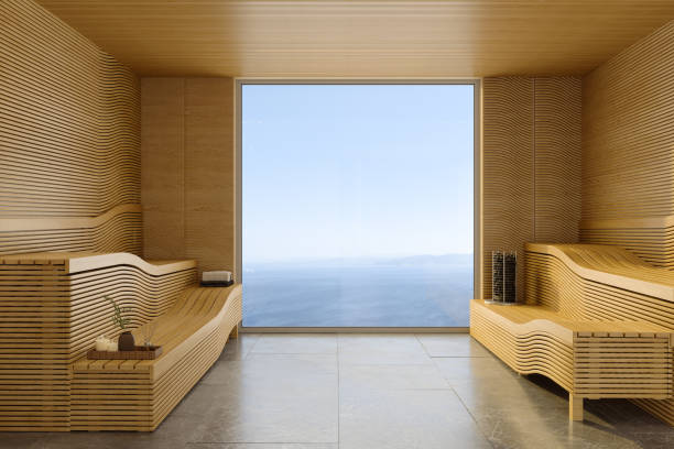 istock Empty Wooden Sauna Room With Seaview Through The Window 1489330099