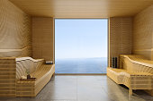 Empty Wooden Sauna Room With Seaview Through The Window