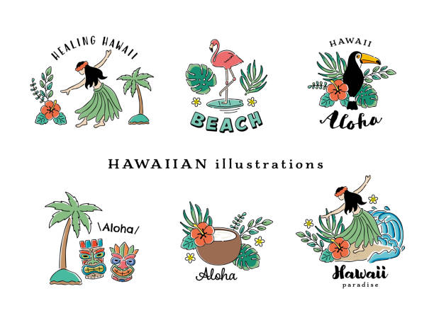hawaiian illustration set Hawaiian illustration set of hula girl, parrot, coconut, flamingo, tiki, etc. hula dancer stock illustrations