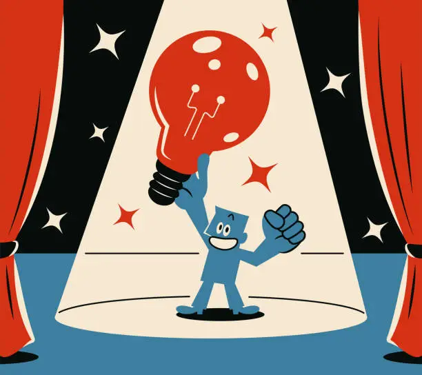 Vector illustration of A smiling blue man showing a big idea light bulb on stage with a spotlight